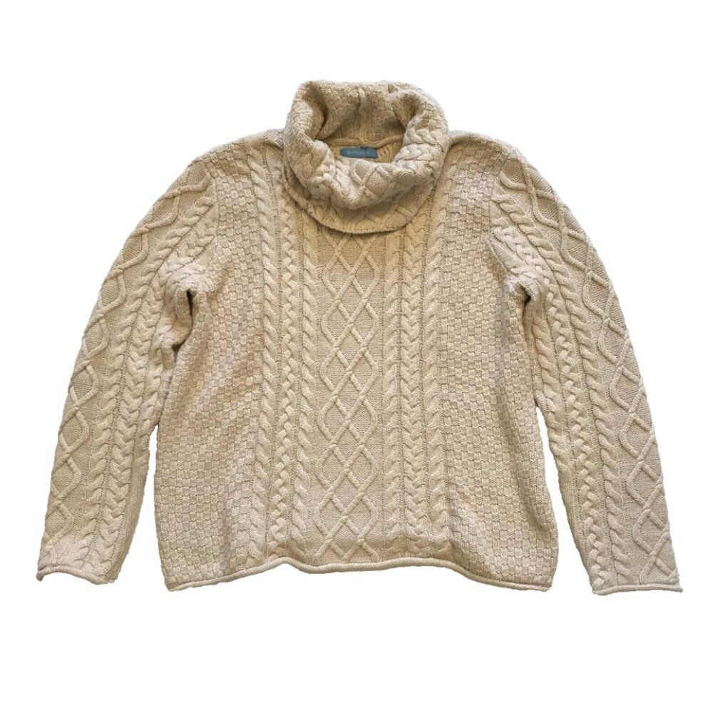 Burgess Cable Knit Fisherman Sweater Womens Small Cream Turtleneck Long Sleeve